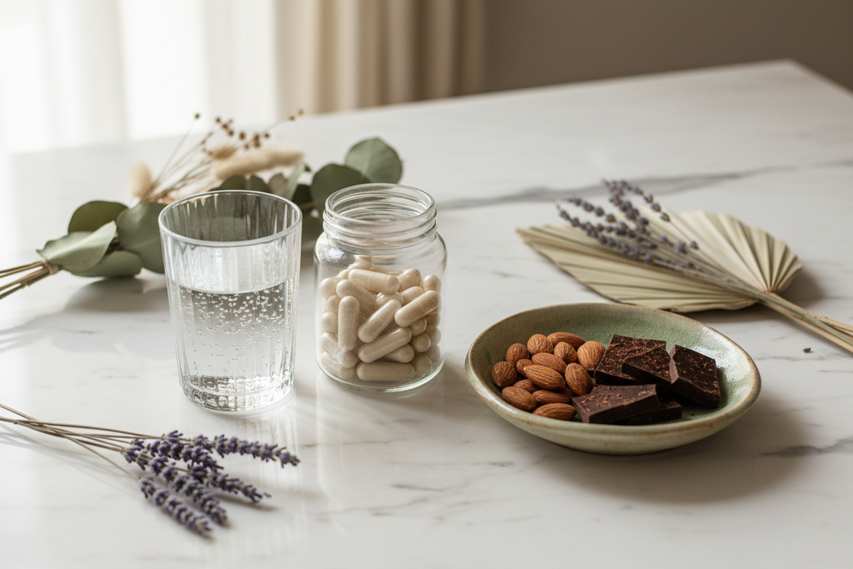 A glass of water, a jar of white capsules, and a dish of almonds and dark chocolate on a marble surface with dried lavender