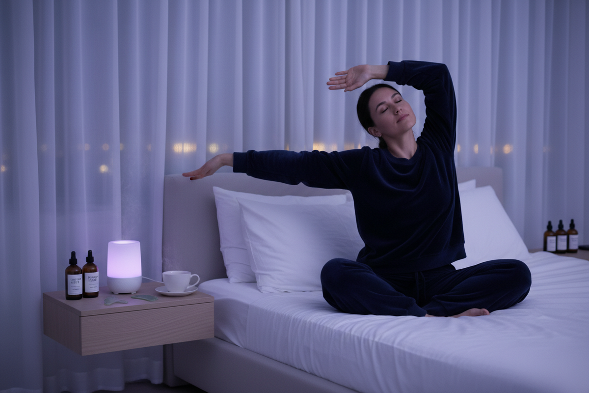 Woman stretching on the edge of a bed in a dimly lit bedroom, with a warm lamp, mug and supplement bottles on the nightstand.