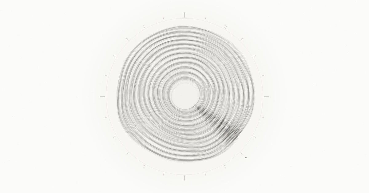 Generative ink drawing of twelve braided concentric orbits inside a 24-hour dial