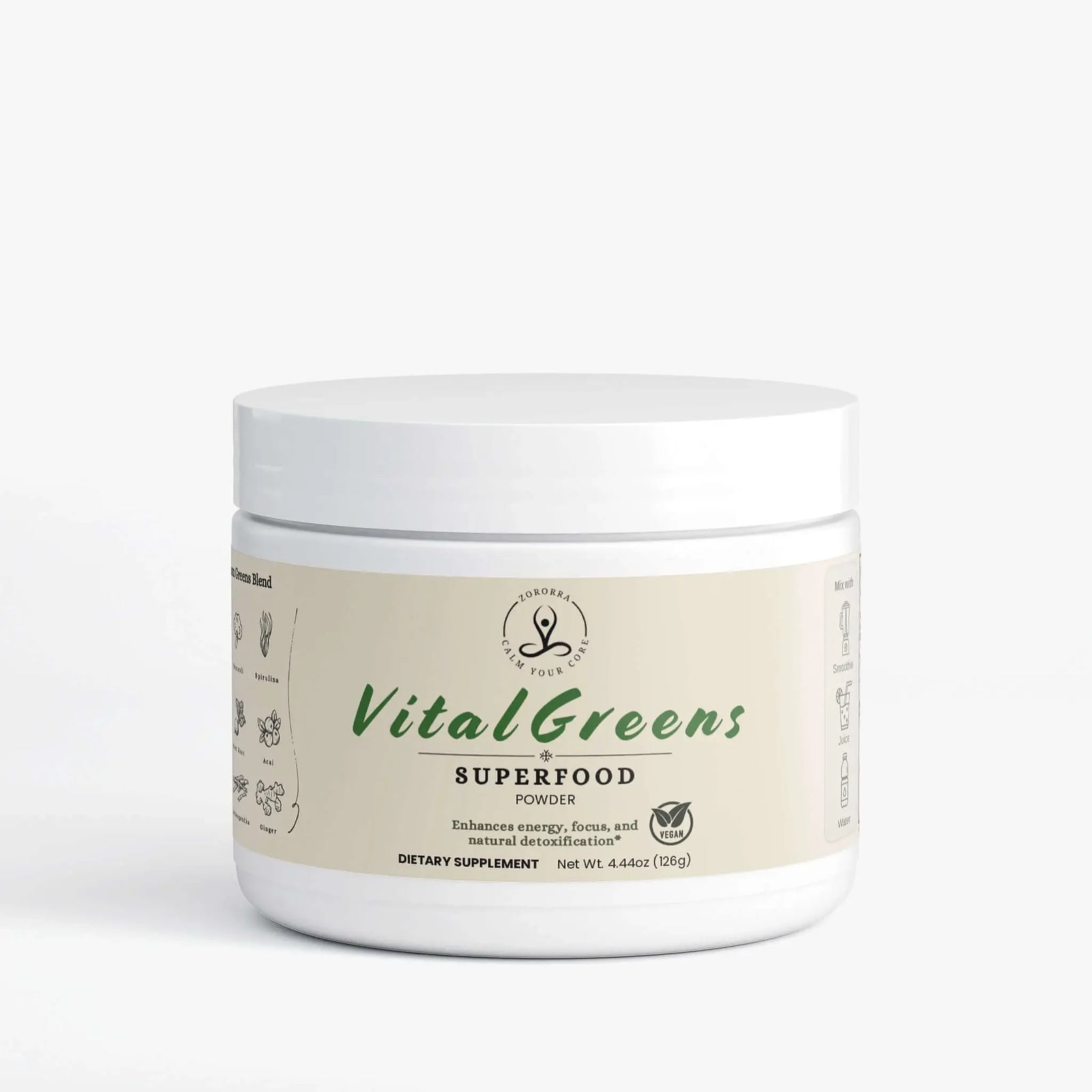Vital Greens superfood powder supplement jar with vegan and detox support labels