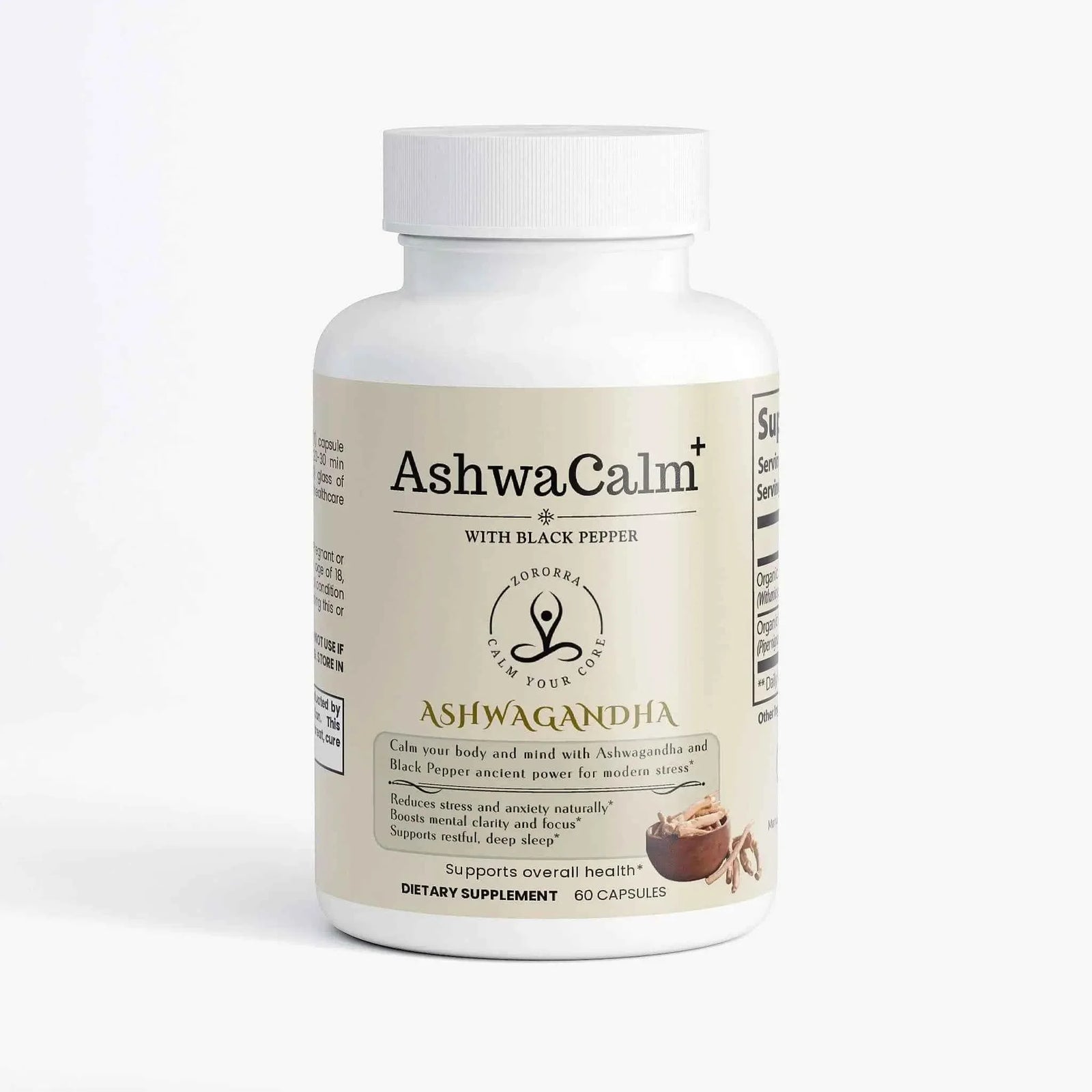 AshwaCalm ashwagandha supplement bottle with black pepper, 60 capsules for stress relief