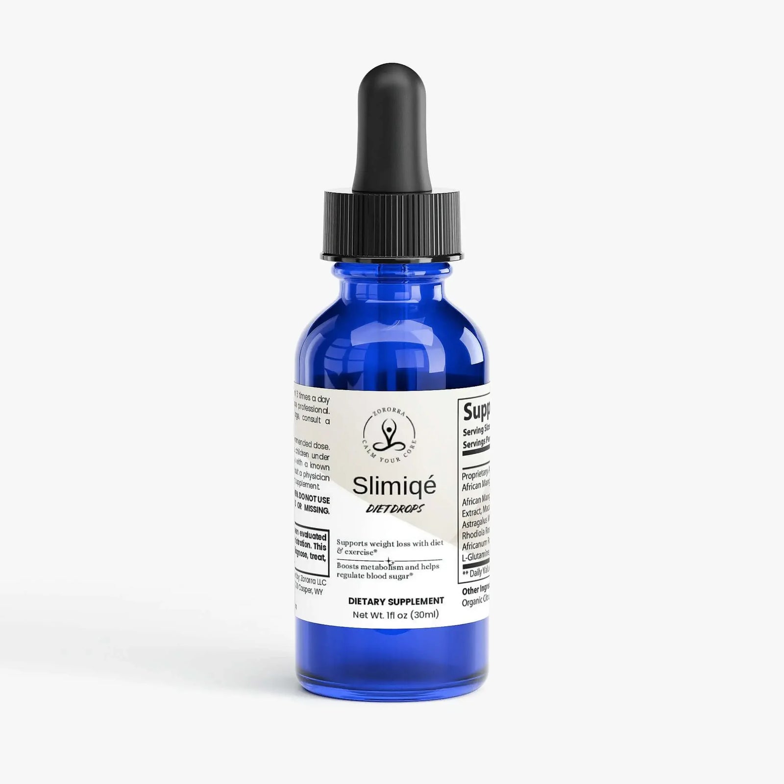 Blue dropper bottle labeled Slimiqé Diet Drops dietary supplement for weight loss, 30ml