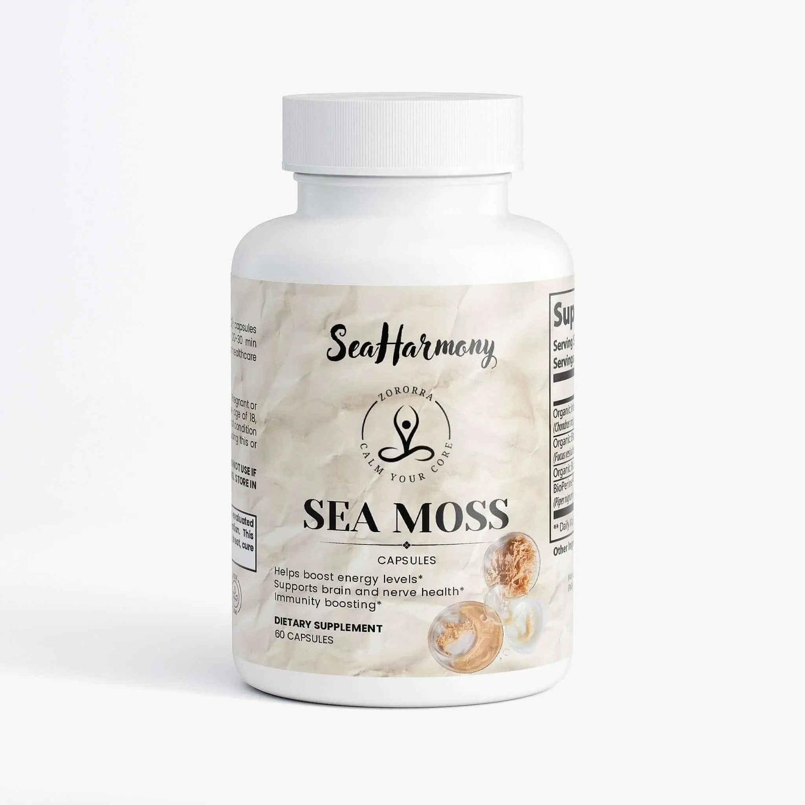 Sea moss supplement bottle, 60 capsules, labeled for energy and immunity support