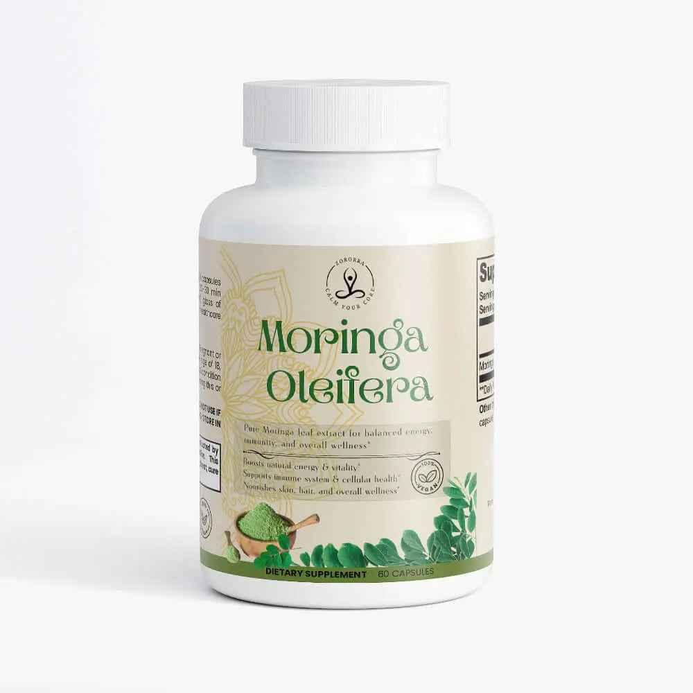 Moringa Oleifera dietary supplement bottle with capsules and green leaf, wellness product