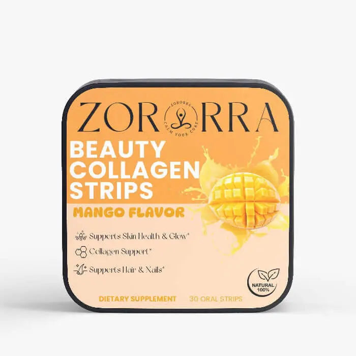 Zorrra Beauty Collagen Strips packaging with mango flavor on a white background