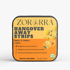 Zororra Hangover Away Strips packaging with mango and orange flavor on a white background