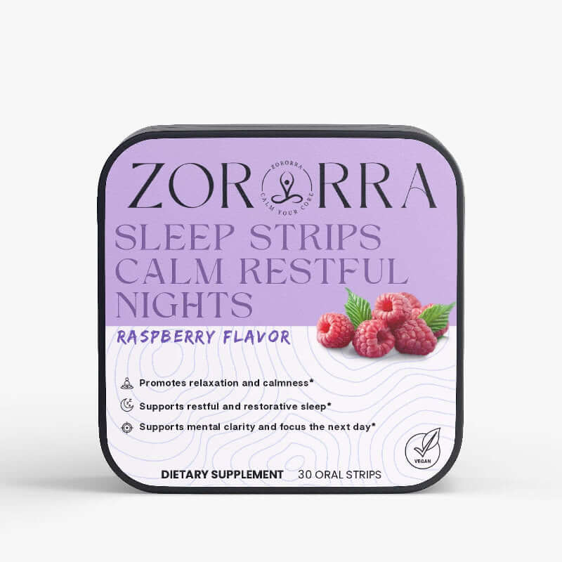 Zororra sleep strips packaging with raspberry flavor on a white background