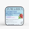 Zororra Cognitive Neuro Relax Strips packaging with strawberry peppermint flavor on a white background