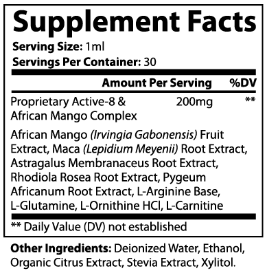 Supplement Facts label listing African mango, maca, astragalus, rhodiola, amino acids.