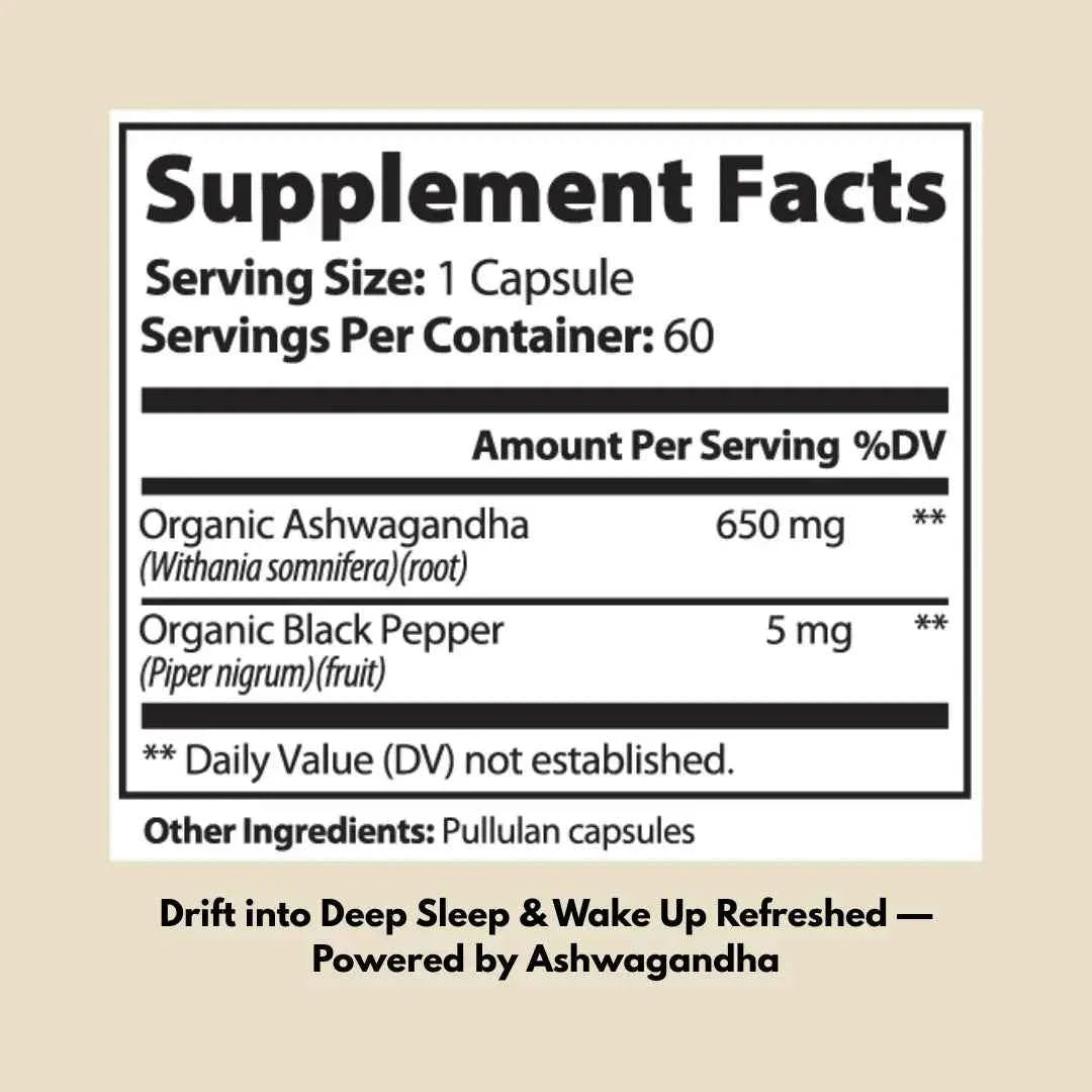 Supplement facts label for ashwagandha and black pepper capsules, for stress relief and sleep support.
