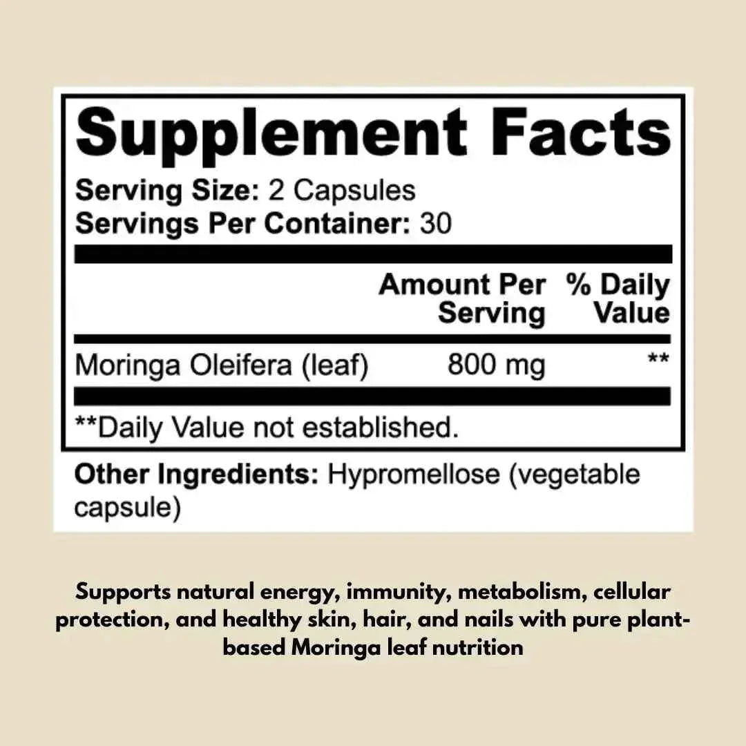 Moringa Oleifera supplement facts label showing 800mg per serving, plant-based capsules