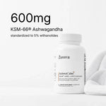AshwaCalm+ card: 600 mg KSM-66 ashwagandha, standardised to 5% withanolides — the most researched ashwagandha extract, named on the label at the dose the trials used