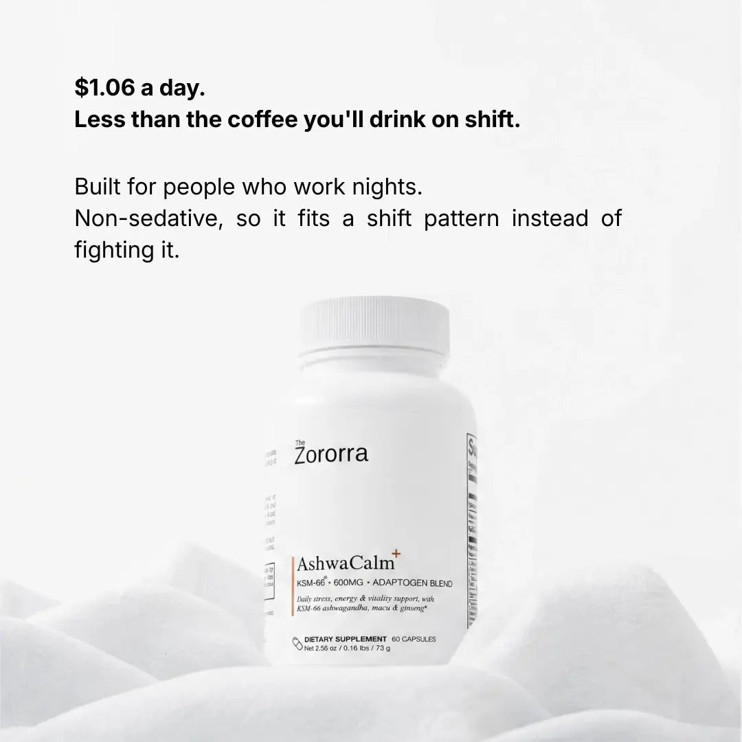AshwaCalm+ card: KSM-66, a named extract rather than unspecified ashwagandha extract — the extract is named and so is the dose