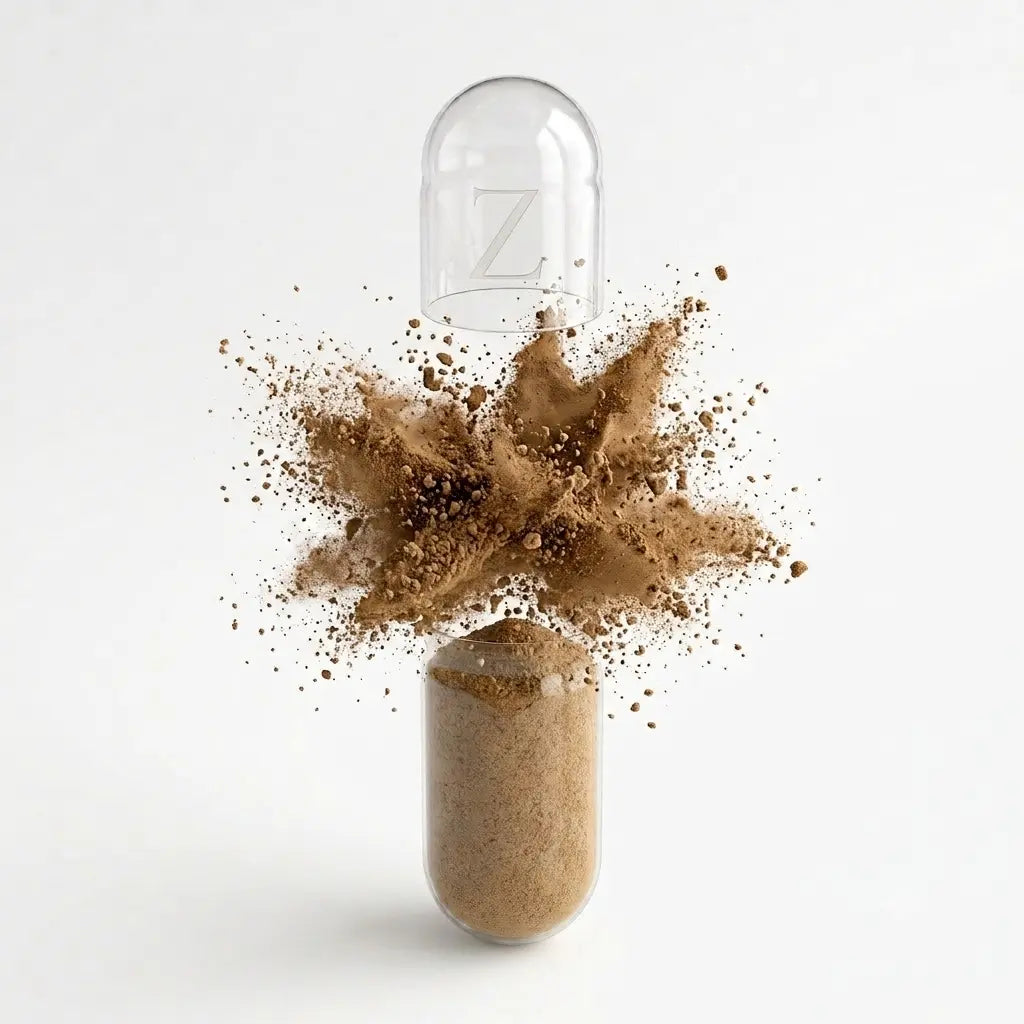 AshwaCalm+ capsule illustration, powder bursting from an opened capsule
