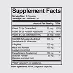 AshwaCalm+ supplement facts panel: Vitamin D3, Vitamin B6, Vitamin B12, KSM-66 Ashwagandha Extract, L-Arginine, Maca Root Powder, Panax Ginseng Powder and Shatavari Powder with amounts