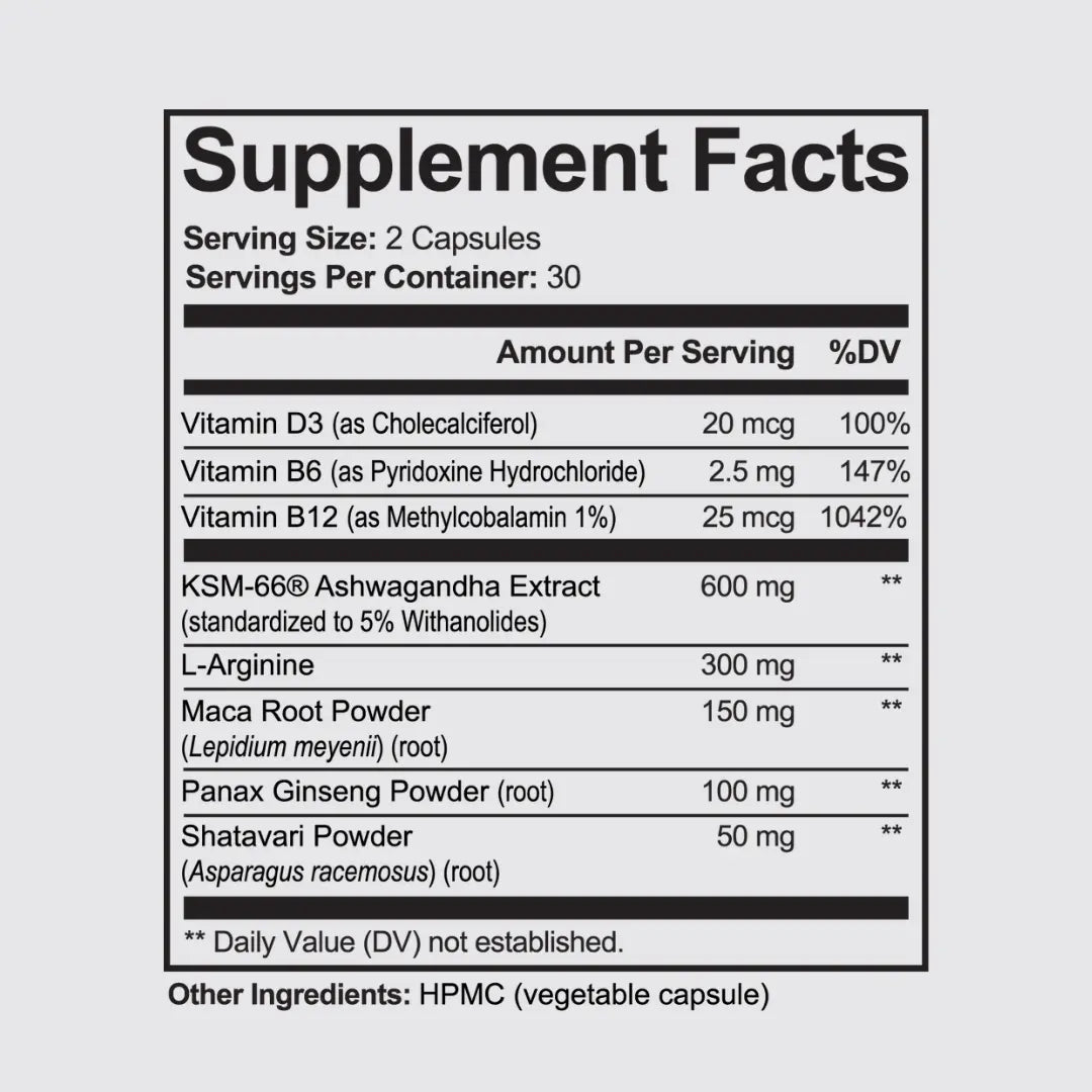 AshwaCalm+ supplement facts panel: Vitamin D3, Vitamin B6, Vitamin B12, KSM-66 Ashwagandha Extract, L-Arginine, Maca Root Powder, Panax Ginseng Powder and Shatavari Powder with amounts