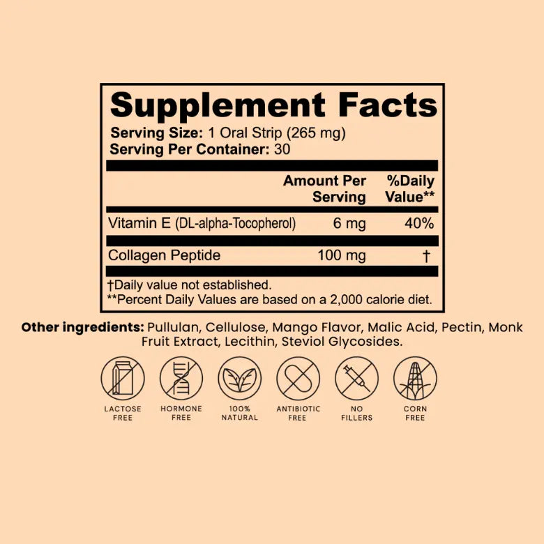 Supplement facts label with vitamins and collagen peptides on a beige background