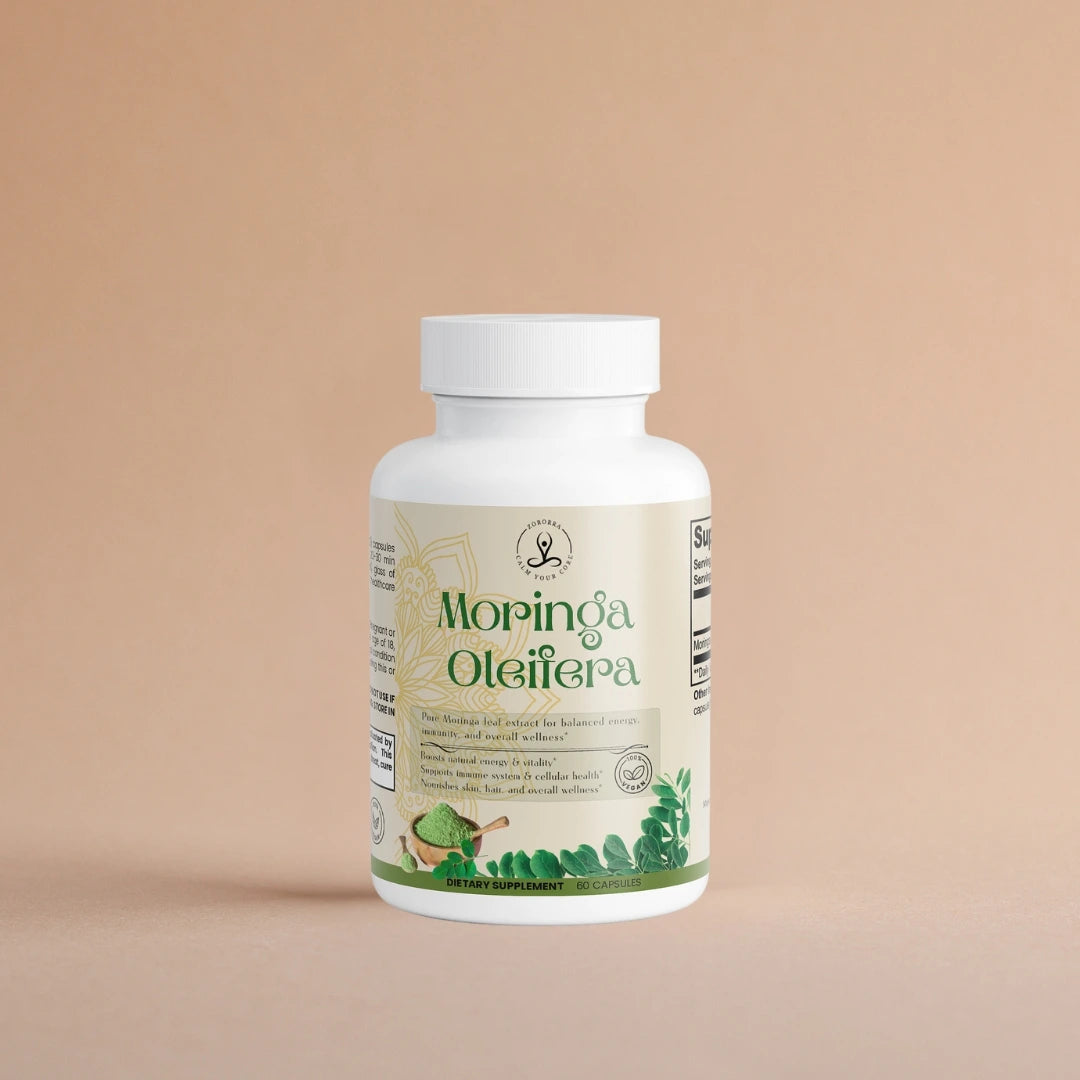 Bottle of Moringa Oleifera supplement on a beige background
