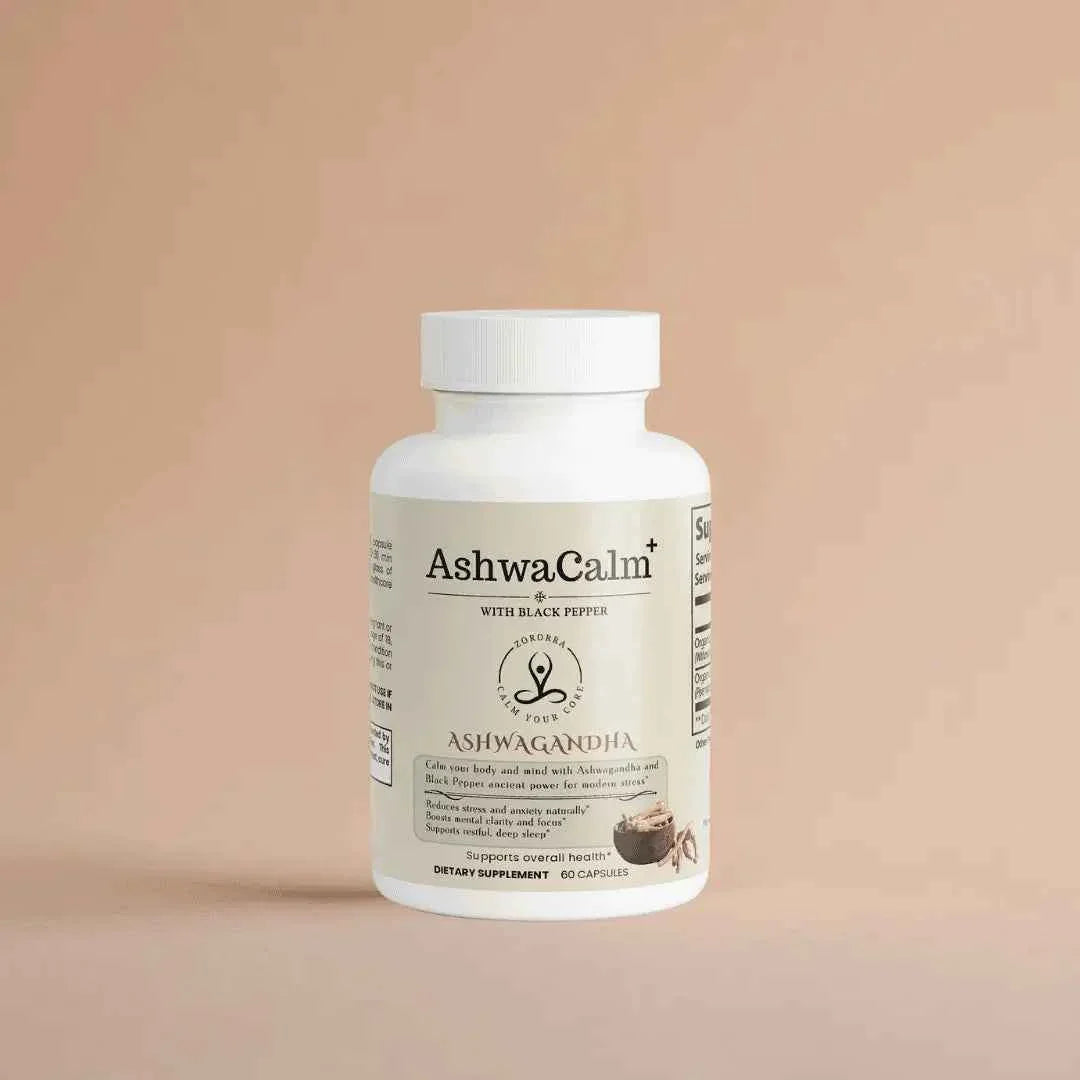 AshwaCalm ashwagandha supplement bottle for stress relief on beige background