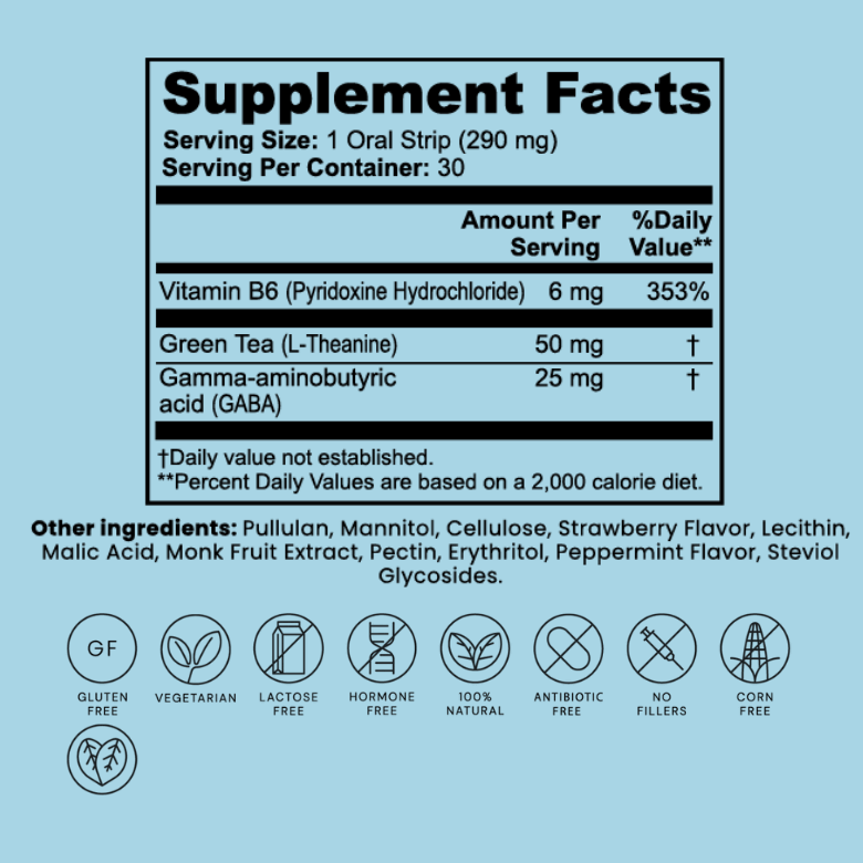 Supplement facts label with ingredients on a light blue background