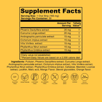 Supplement facts label with ingredients and nutritional information on a yellow background