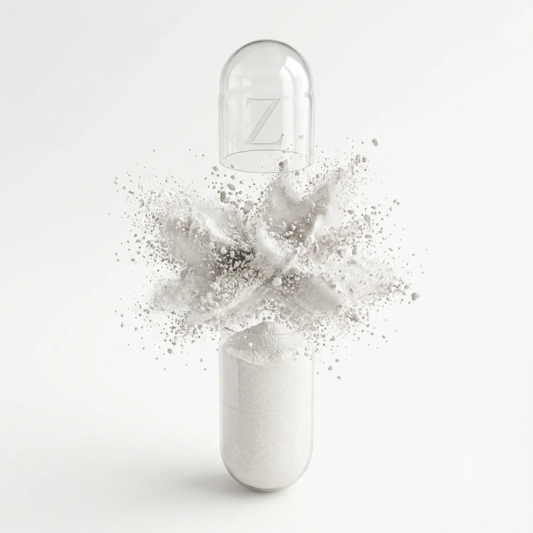 Magnesium Glycinate capsule illustration, powder bursting from an opened capsule