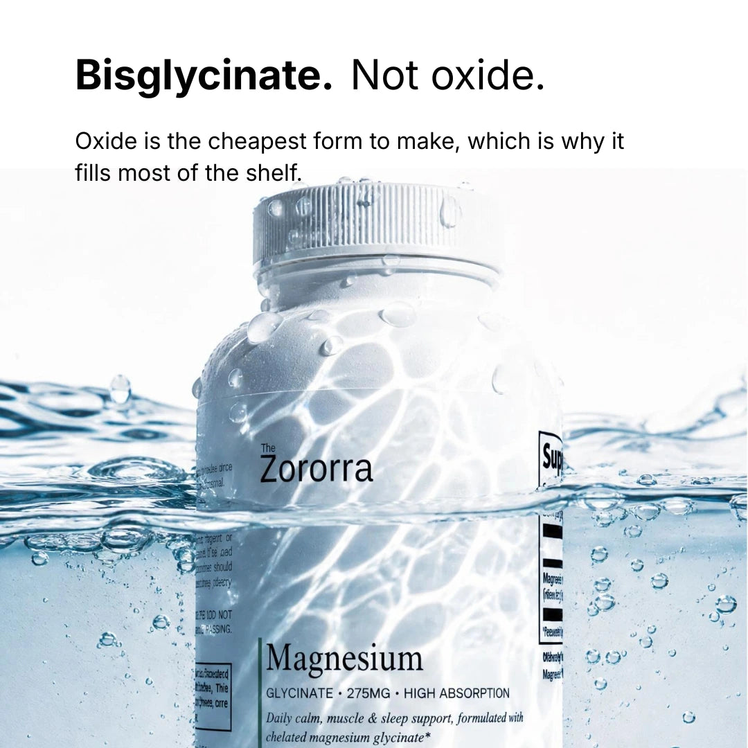 Magnesium Glycinate card: glycinate rather than oxide — oxide is the cheapest form to make, this is magnesium chelated to glycine