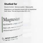 Magnesium Glycinate card: studied for muscle function, nervous system and sleep quality — 275 mg provides 65% of the Daily Value