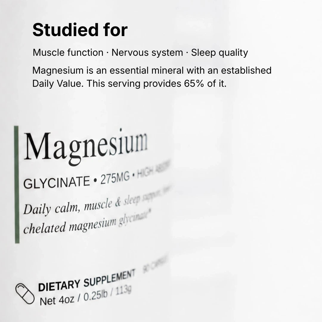 Magnesium Glycinate card: studied for muscle function, nervous system and sleep quality — 275 mg provides 65% of the Daily Value