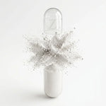 NMN capsule illustration, powder bursting from an opened capsule