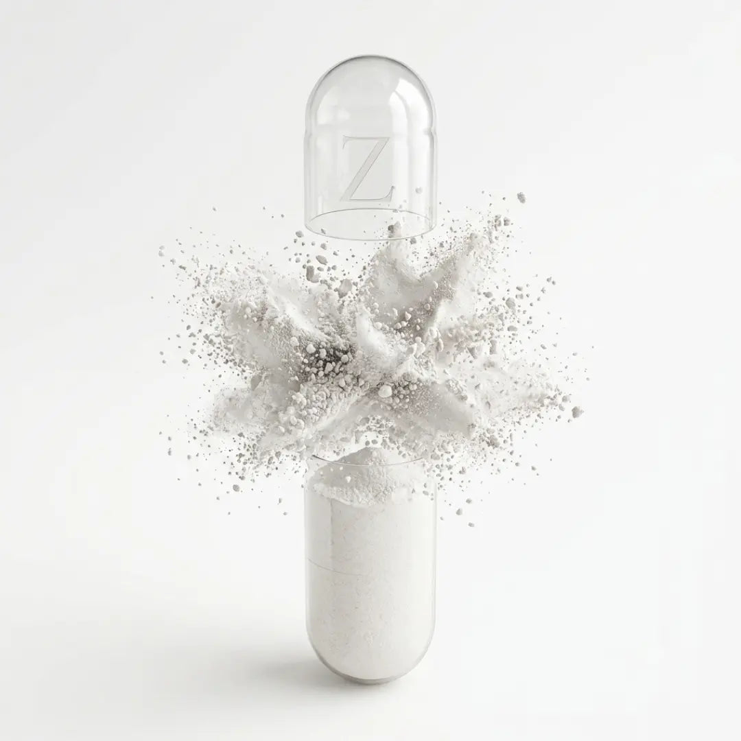 NMN capsule illustration, powder bursting from an opened capsule