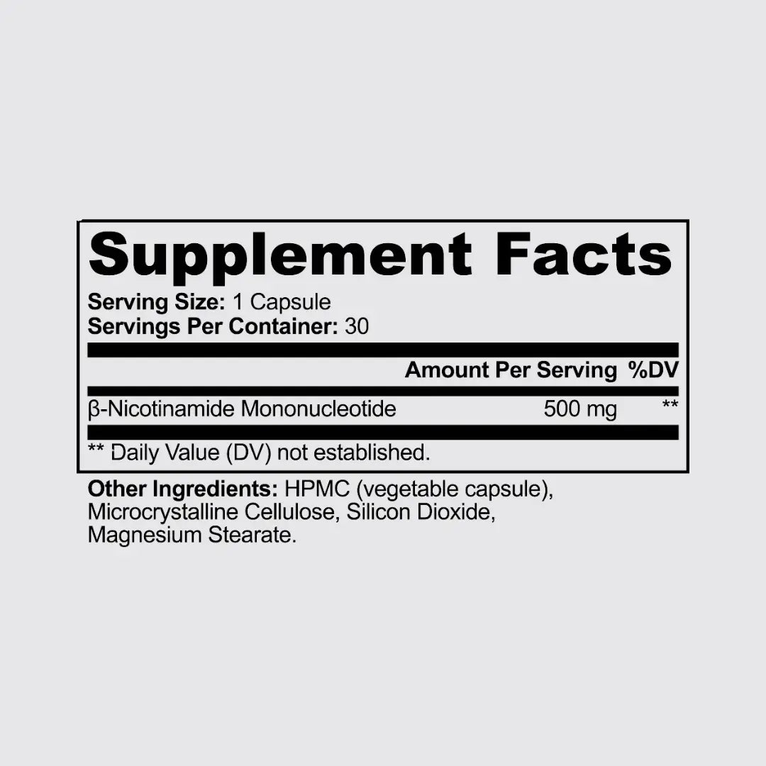 NMN supplement facts panel: serving size 1 capsule, 30 servings per container, beta-nicotinamide mononucleotide 500 mg, with other ingredients listed