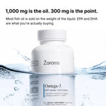 A white bottle of The Zororra Omega-3 dietary supplement floating on water, with marketing text above stating '1,000 mg is the oil. 300 mg is the point.