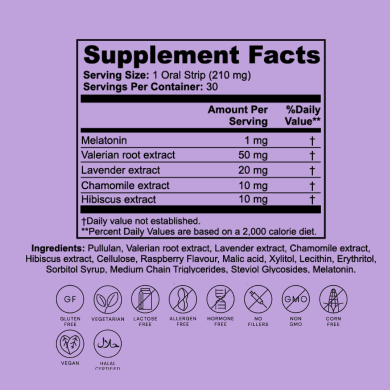 Supplement facts label with ingredients on a purple background