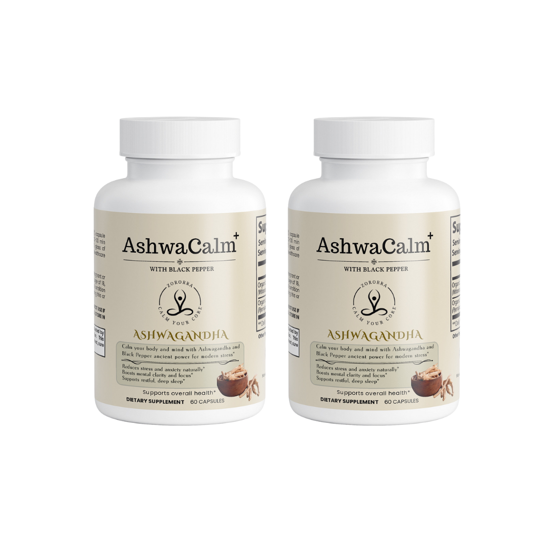 Two bottles of AshwaCalm dietary supplements on a white background