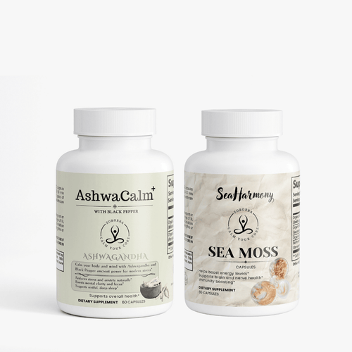 Two supplement bottles labeled 'AshwaCalm+' and 'Sea Harmony Sea Moss' on a white background.
