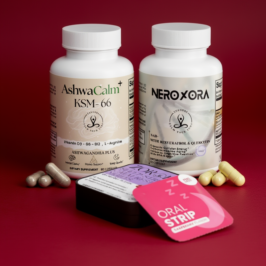 Two supplement bottles labeled 'AshwaCalm' and 'NeroXora' on a red background.