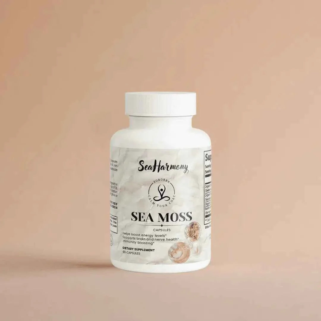 Sea Moss capsules dietary supplement bottle for energy, brain, and immune support on beige background