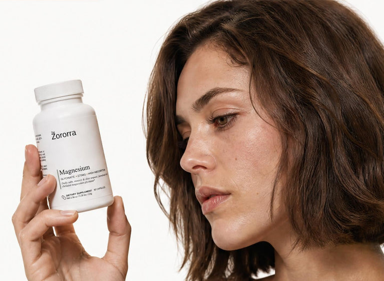 Woman holding a supplement bottle labeled 'Zororra' on a white background