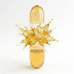 A translucent amber glass dropper-style container with a matching cap floating above it, releasing a dramatic splash of golden liquid against a clean white background. A small white letter Z is visible on the cap.
