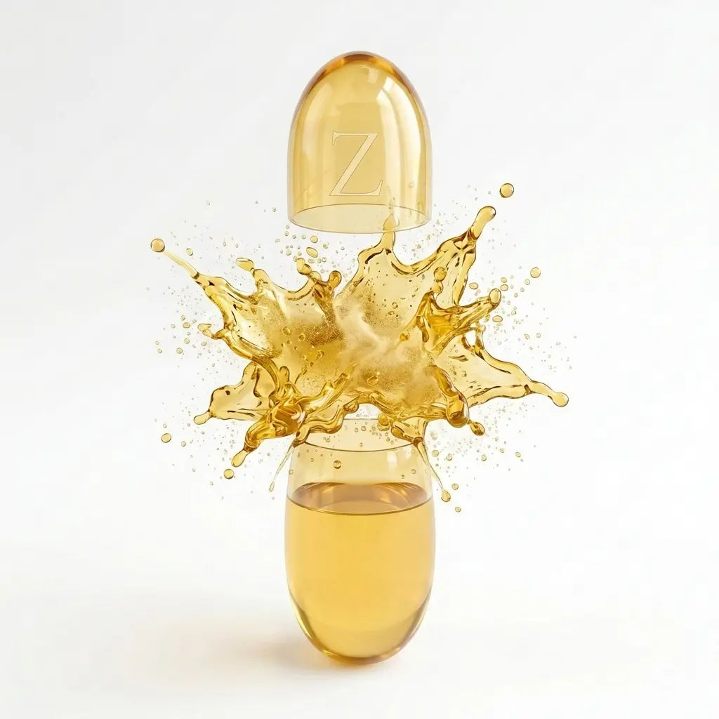 A translucent amber glass dropper-style container with a matching cap floating above it, releasing a dramatic splash of golden liquid against a clean white background. A small white letter Z is visible on the cap.